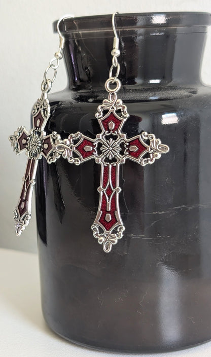 Hand-made red and silver large crucifix drop dangle earrings. Gothic Vampire Gift - Oh My Gothness