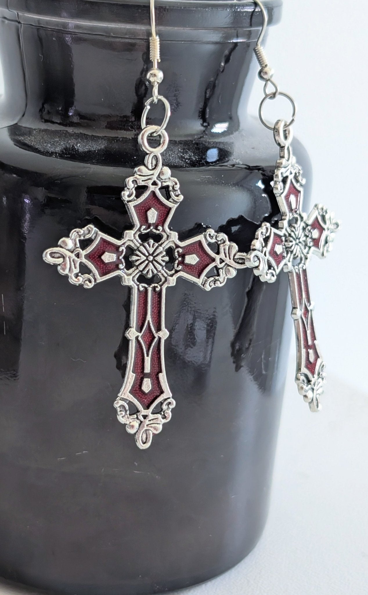 Hand-made red and silver large crucifix drop dangle earrings. Gothic Vampire Gift - Oh My Gothness