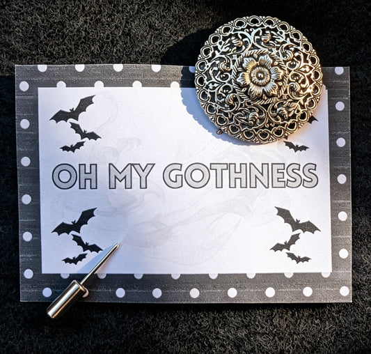Hand made round decorative floral silver-tone metal lapel pin. - Oh My Gothness