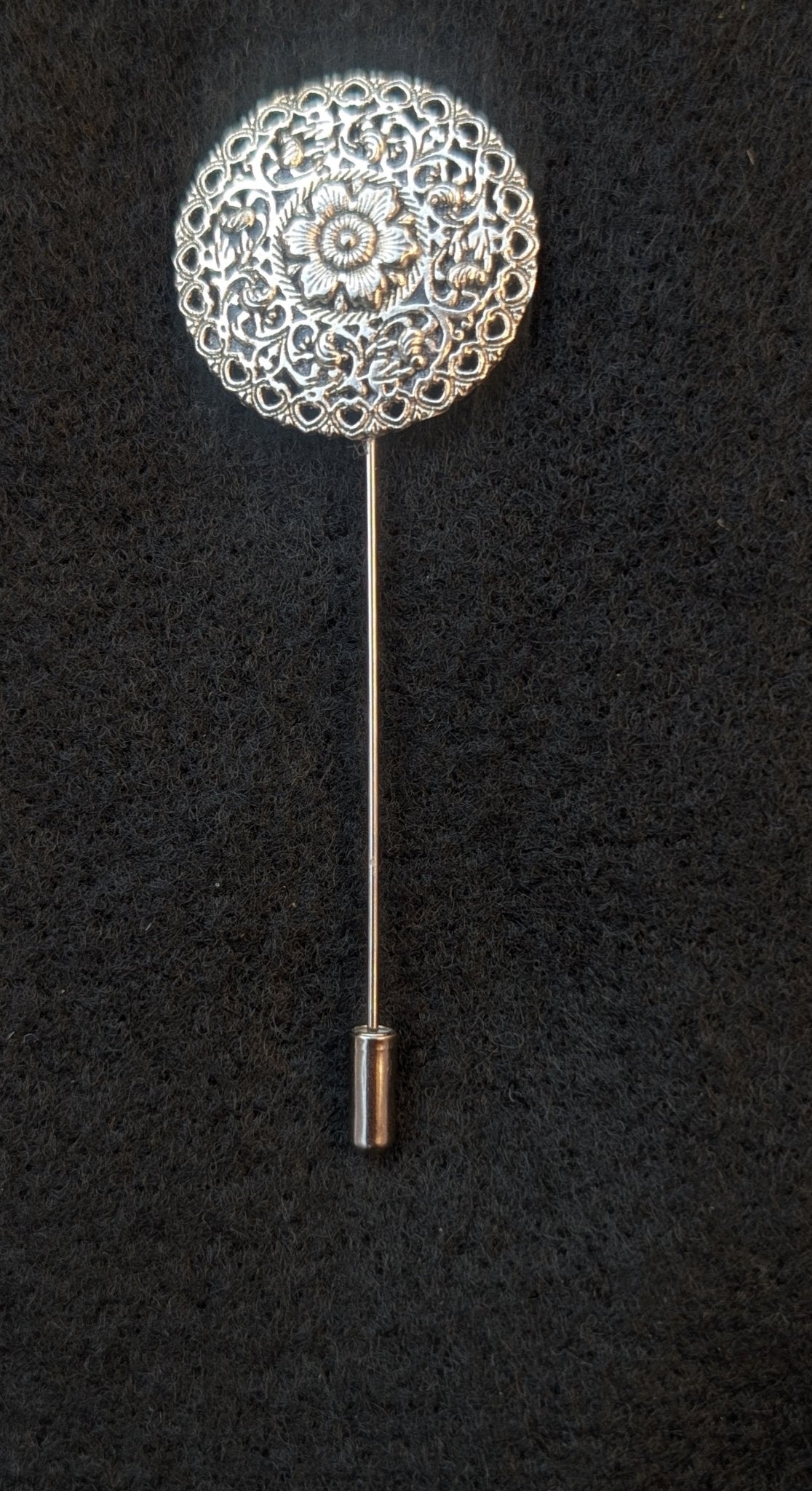 Hand made round decorative floral silver-tone metal lapel pin. - Oh My Gothness