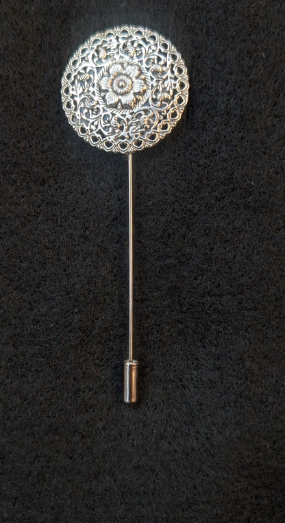 Hand made round decorative floral silver-tone metal lapel pin. - Oh My Gothness