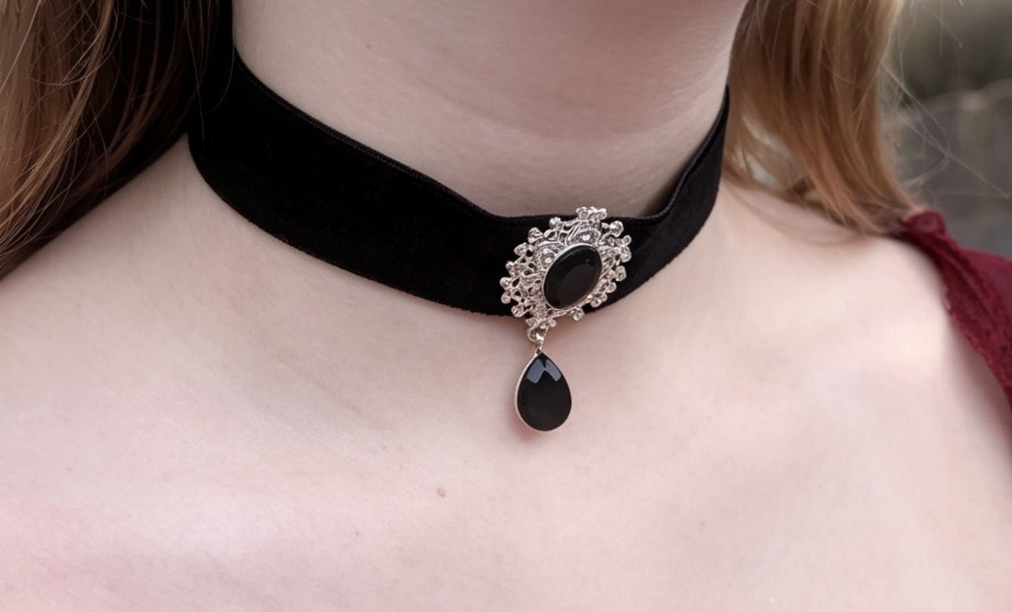 Hand Made Wide Black Velvet Choker With Decorative Black + Silver Drop Pendant. Gothic Accessory - Oh My Gothness