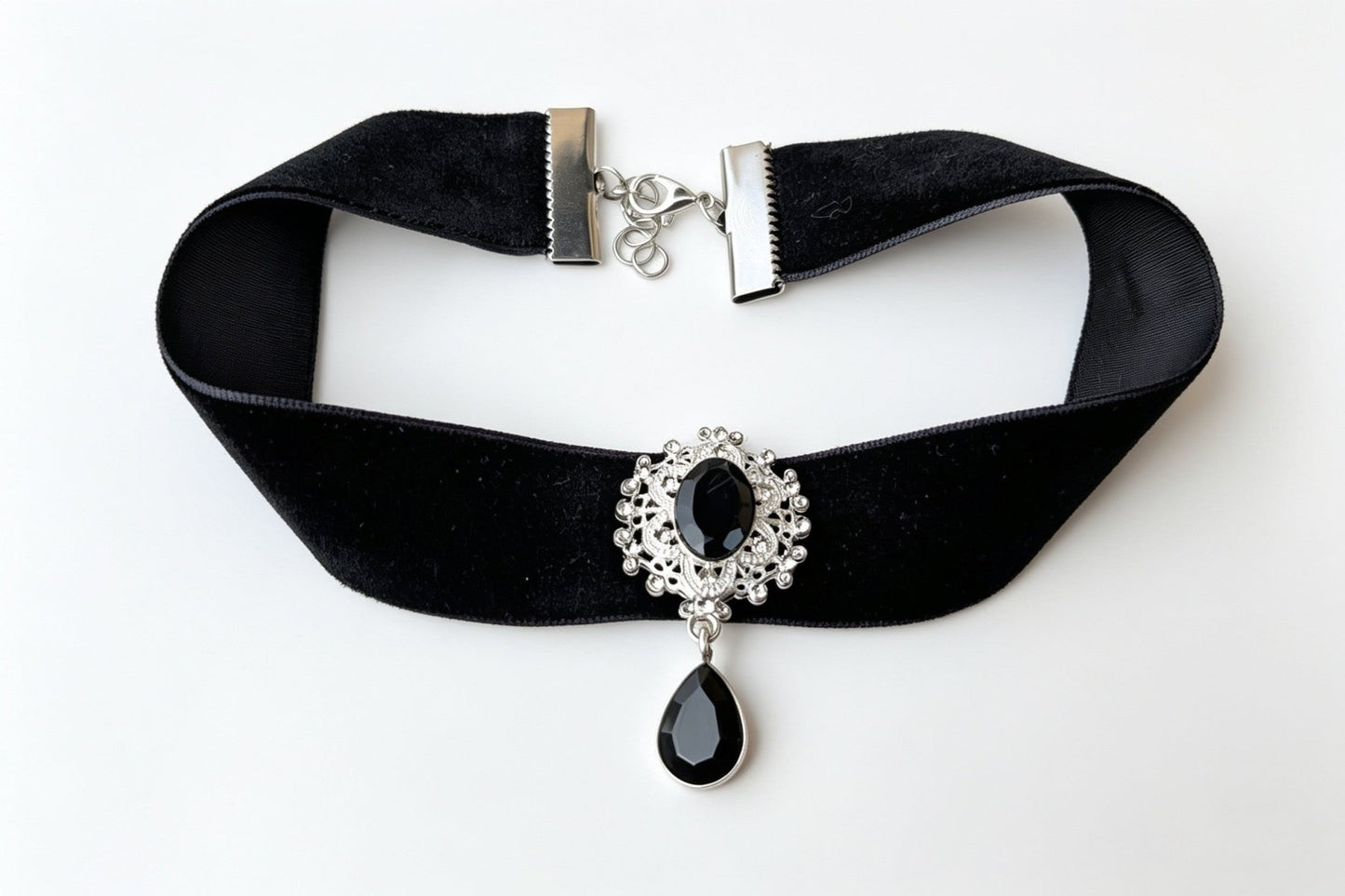 Hand Made Wide Black Velvet Choker With Decorative Black + Silver Drop Pendant. Gothic Accessory - Oh My Gothness