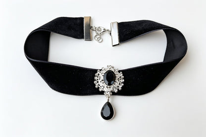 Hand Made Wide Black Velvet Choker With Decorative Black + Silver Drop Pendant. Gothic Accessory - Oh My Gothness