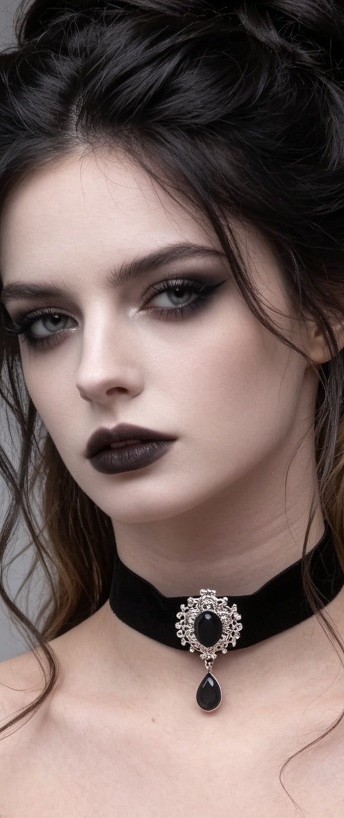 Hand Made Wide Black Velvet Choker With Decorative Black + Silver Drop Pendant. Gothic Accessory - Oh My Gothness