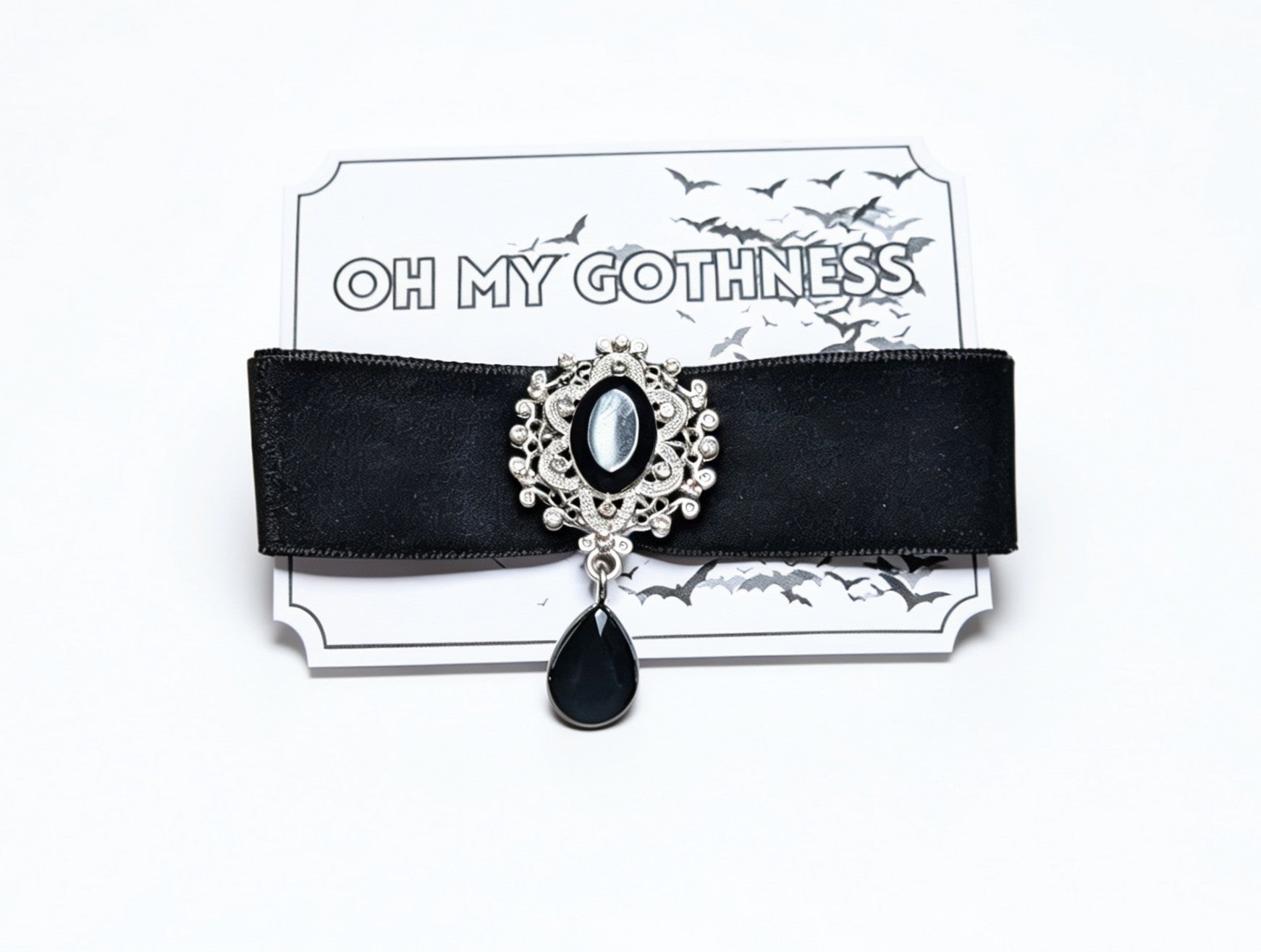 Hand Made Wide Black Velvet Choker With Decorative Black + Silver Drop Pendant. Gothic Accessory - Oh My Gothness