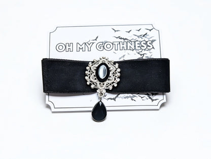 Hand Made Wide Black Velvet Choker With Decorative Black + Silver Drop Pendant. Gothic Accessory - Oh My Gothness