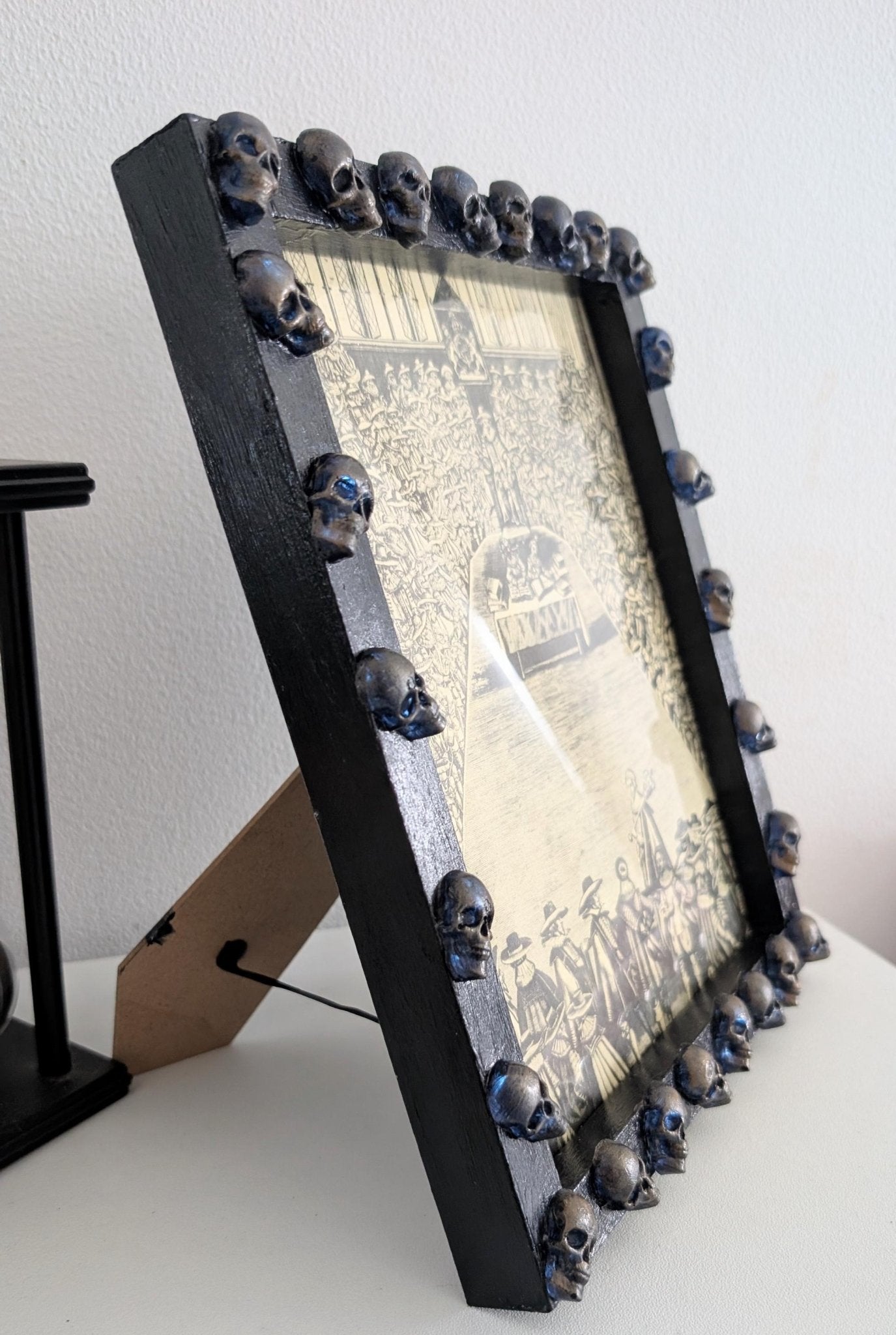 Hand-Painted Gothic Picture Frame – Dark Blue, Antique Gold Skulls (10x8" Portrait) - Oh My Gothness