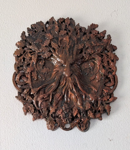 Handcast Green man wall hanging plaque in copper tones. Pagan Home Decor - Oh My Gothness