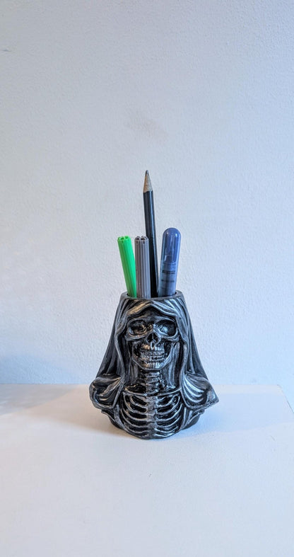 Handcast Grim Reaper Pen Holder: Gothic Skeleton Desk Organizer - Oh My Gothness
