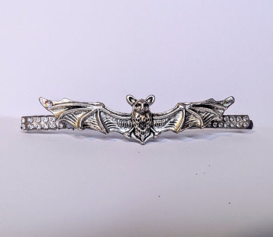 Handmade Bat Hair Slide in Silver Tone Metal and Iridescent Diamantes. Cute Gothic Hair Accessory - Oh My Gothness