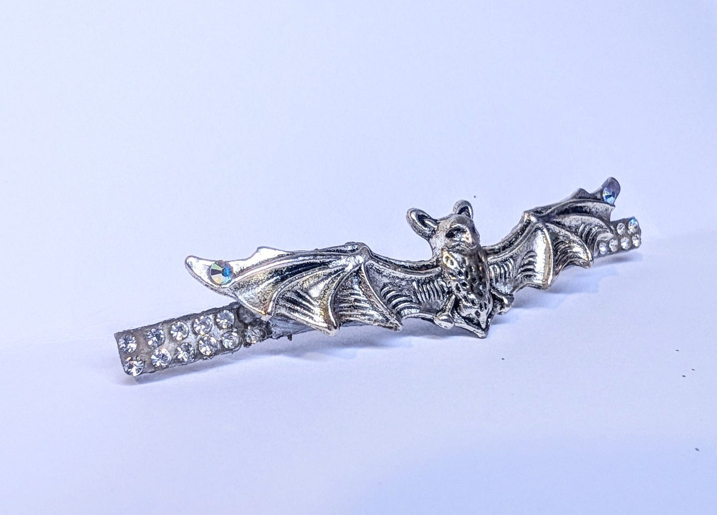 Handmade Bat Hair Slide in Silver Tone Metal and Iridescent Diamantes. Cute Gothic Hair Accessory - Oh My Gothness