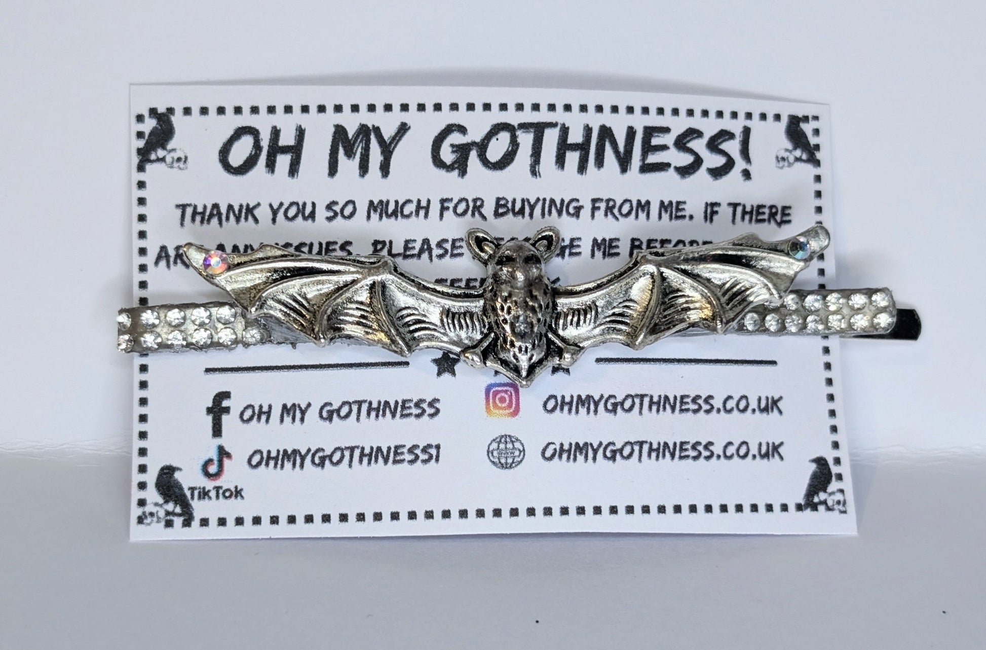 Handmade Bat Hair Slide in Silver Tone Metal and Iridescent Diamantes. Cute Gothic Hair Accessory - Oh My Gothness