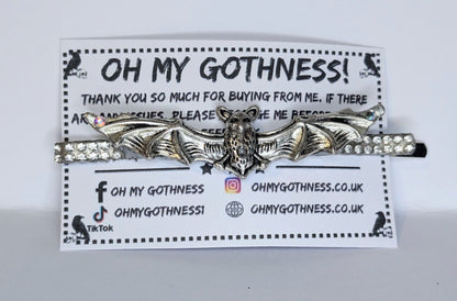 Handmade Bat Hair Slide in Silver Tone Metal and Iridescent Diamantes. Cute Gothic Hair Accessory - Oh My Gothness