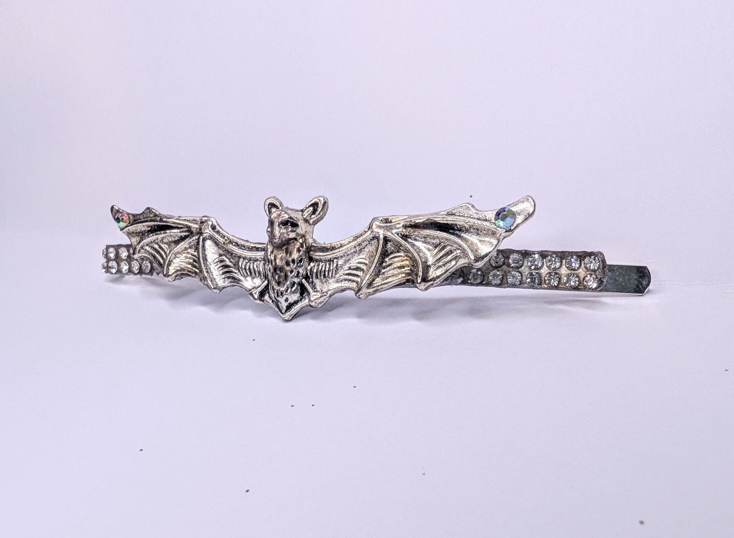 Handmade Bat Hair Slide in Silver Tone Metal and Iridescent Diamantes. Cute Gothic Hair Accessory - Oh My Gothness