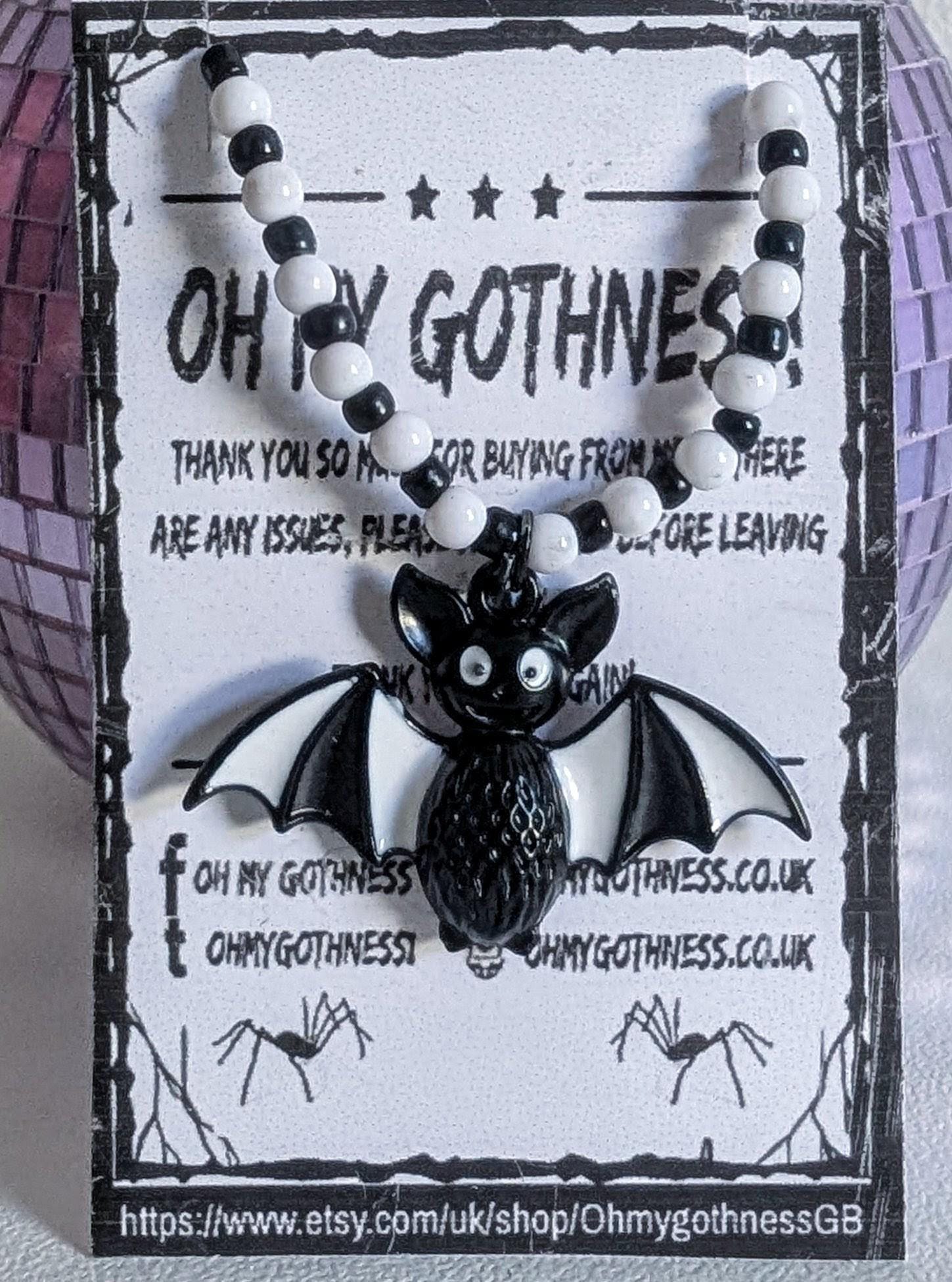 Handmade Beaded Bat Necklace: Black and White Spooky Jewelry - Oh My Gothness