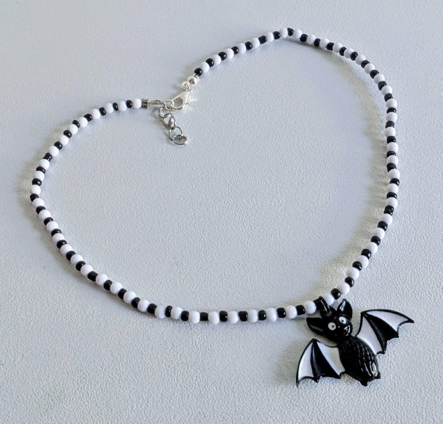 Handmade Beaded Bat Necklace: Black and White Spooky Jewelry - Oh My Gothness