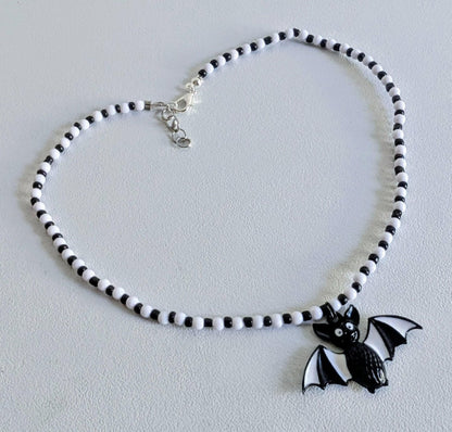 Handmade Beaded Bat Necklace: Black and White Spooky Jewelry - Oh My Gothness