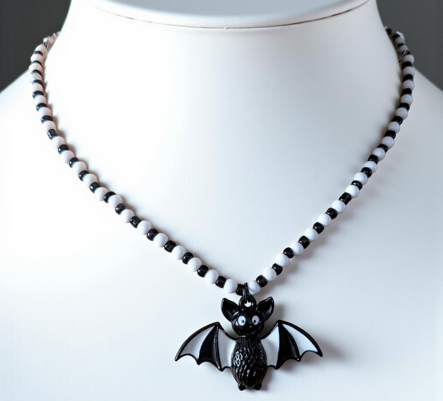 Handmade Beaded Bat Necklace: Black and White Spooky Jewelry - Oh My Gothness
