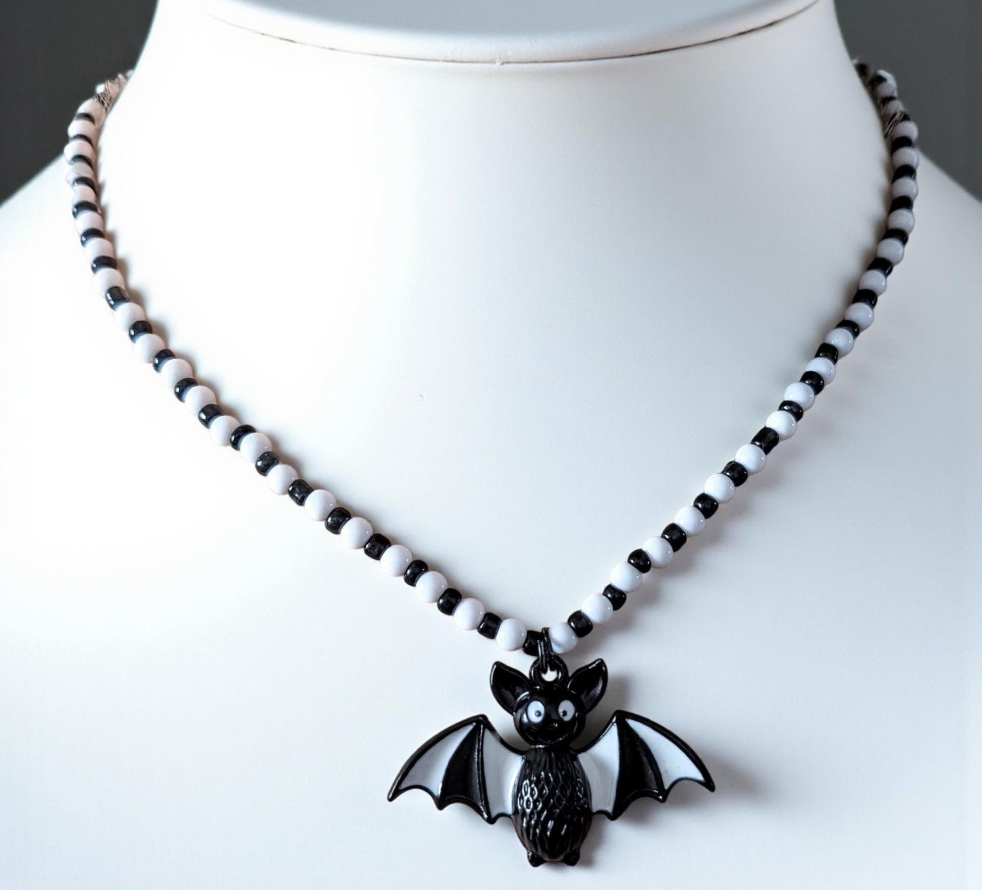 Handmade Beaded Bat Necklace: Black and White Spooky Jewelry - Oh My Gothness
