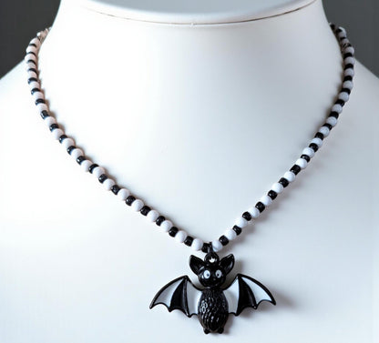 Handmade Beaded Bat Necklace: Black and White Spooky Jewelry - Oh My Gothness