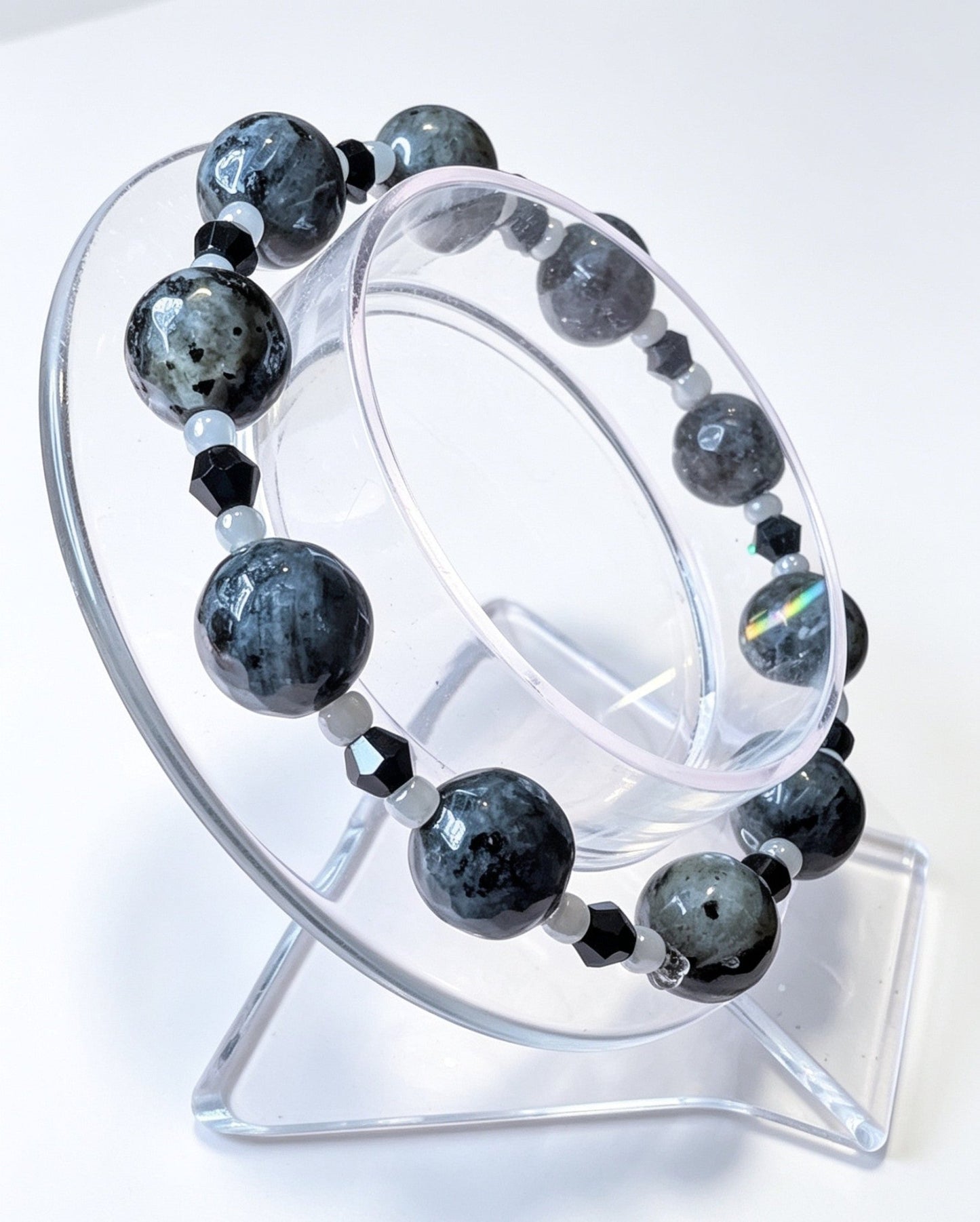 Handmade Beaded Bracelet in Natural Larvikitie Stone, Black Austrian Crystal and Grey Glass. Unisex Goth Accessory - Oh My Gothness