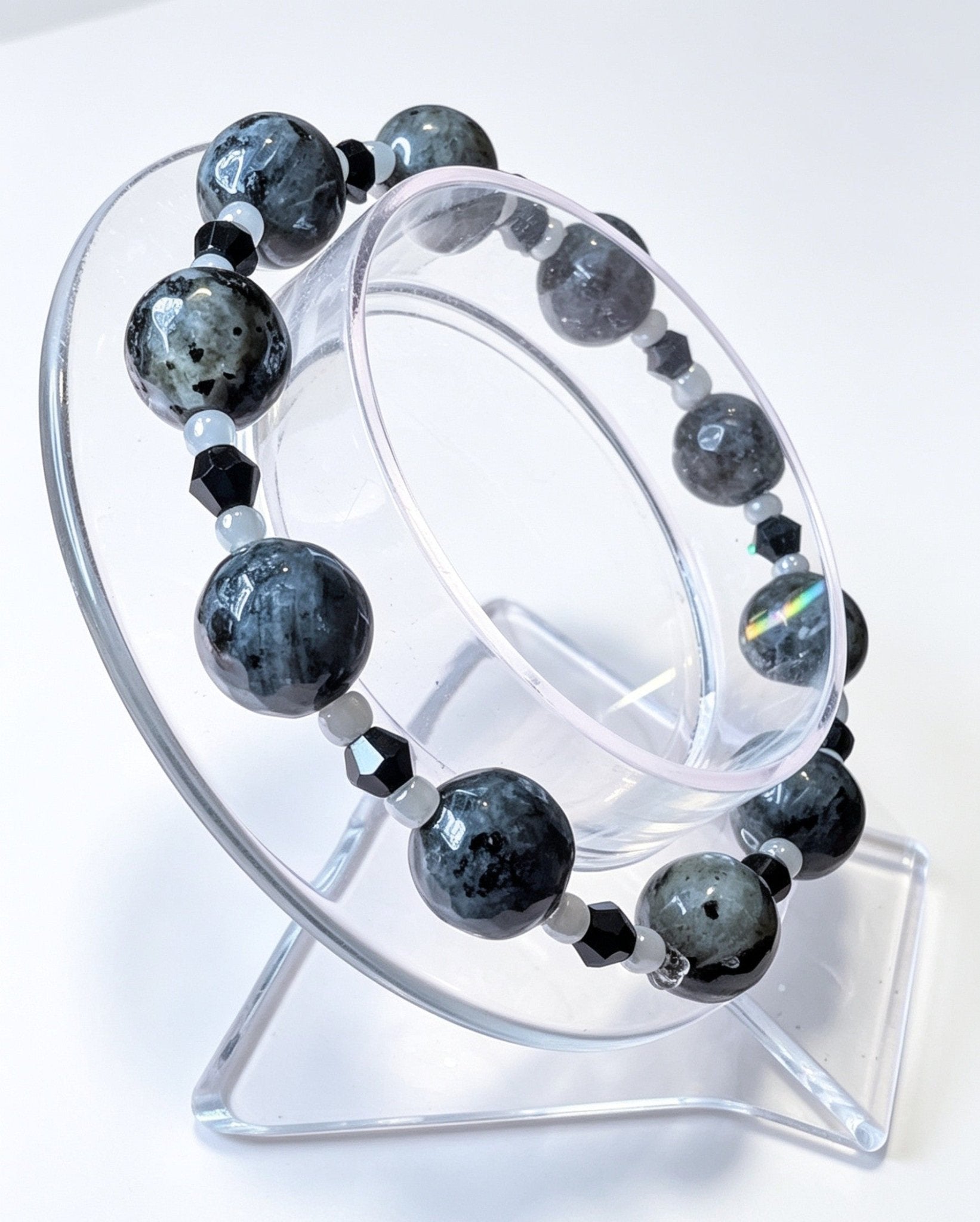 Handmade Beaded Bracelet in Natural Larvikitie Stone, Black Austrian Crystal and Grey Glass. Unisex Goth Accessory - Oh My Gothness
