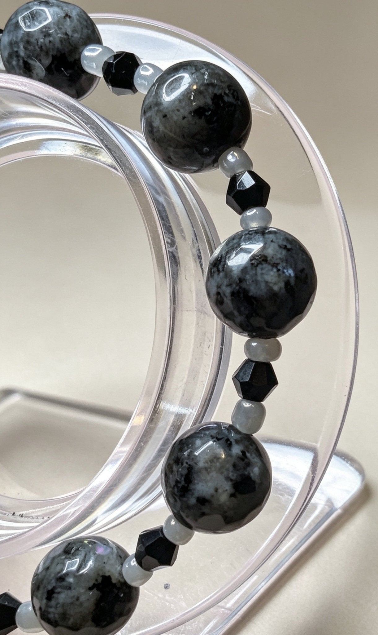 Handmade Beaded Bracelet in Natural Larvikitie Stone, Black Austrian Crystal and Grey Glass. Unisex Goth Accessory - Oh My Gothness