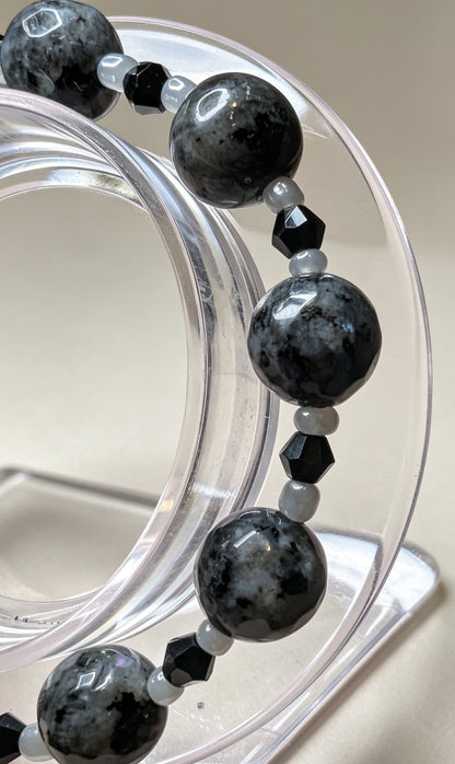 Handmade Beaded Bracelet in Natural Larvikitie Stone, Black Austrian Crystal and Grey Glass. Unisex Goth Accessory - Oh My Gothness