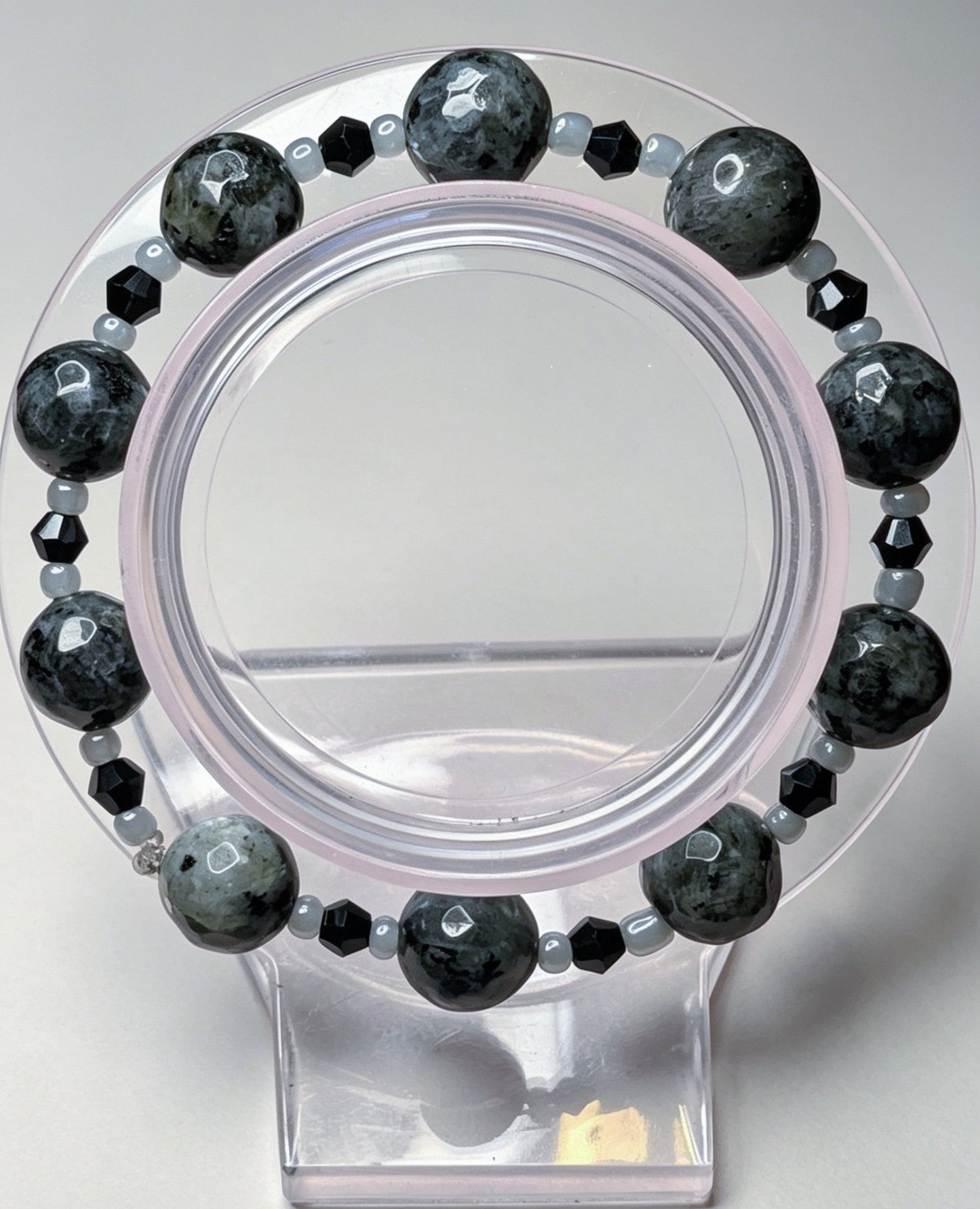 Handmade Beaded Bracelet in Natural Larvikitie Stone, Black Austrian Crystal and Grey Glass. Unisex Goth Accessory - Oh My Gothness