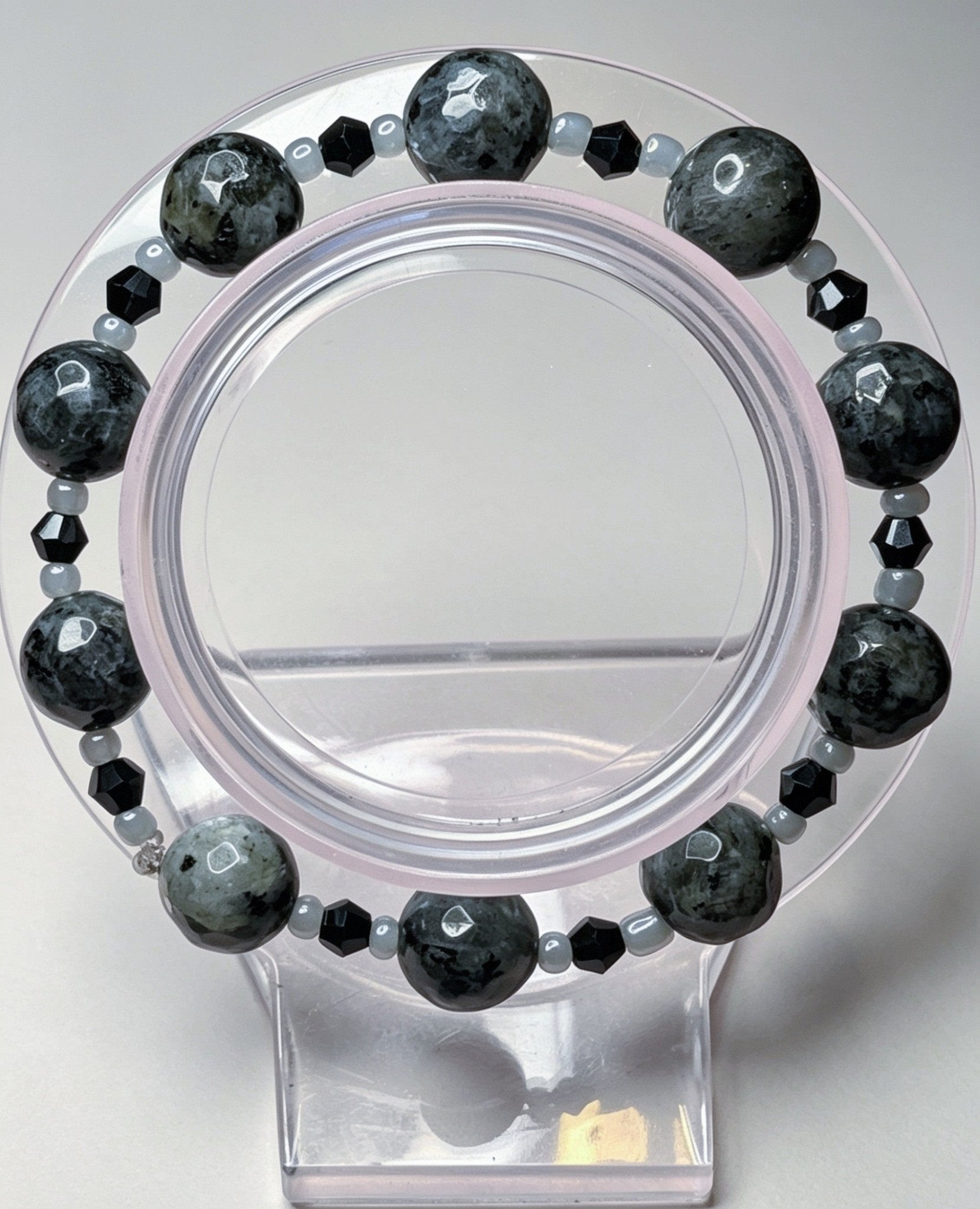Handmade Beaded Bracelet in Natural Larvikitie Stone, Black Austrian Crystal and Grey Glass. Unisex Goth Accessory - Oh My Gothness