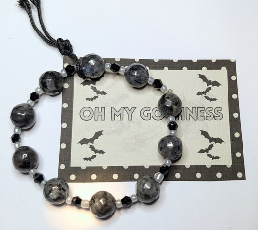 Handmade Beaded Bracelet in Natural Larvikitie Stone, Black Austrian Crystal and Grey Glass. Unisex Goth Accessory - Oh My Gothness