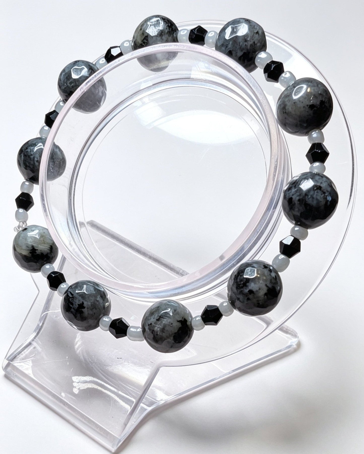 Handmade Beaded Bracelet in Natural Larvikitie Stone, Black Austrian Crystal and Grey Glass. Unisex Goth Accessory - Oh My Gothness