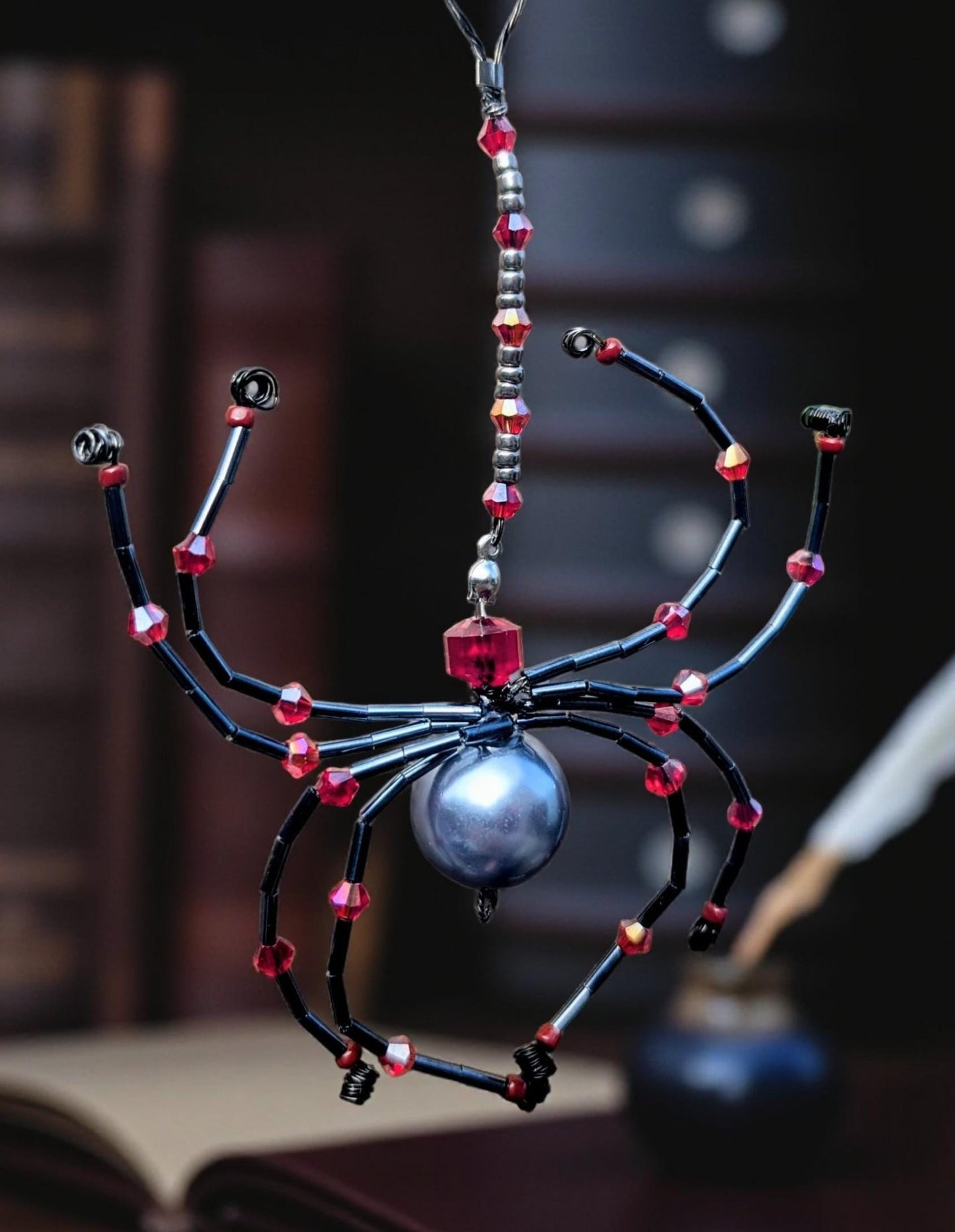 Handmade Beaded Spider Ornament: Gunmetal Grey & Red Glass Beads - Oh My Gothness