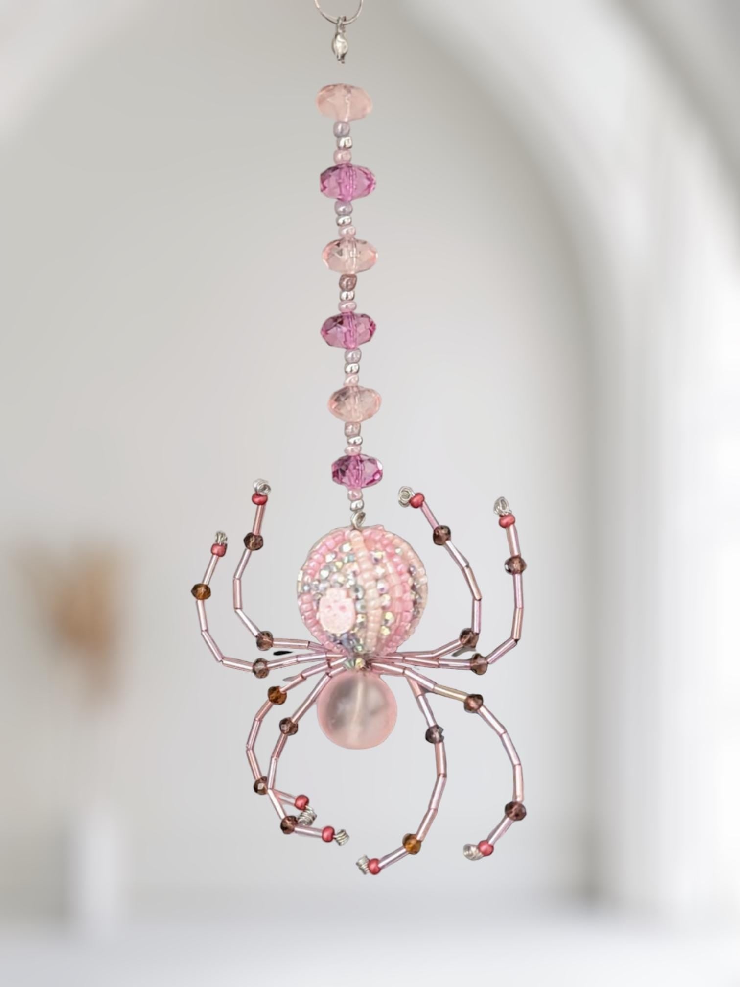 Handmade Beaded Spider Ornament, Pink Glass Beads, Halloween Decoration - Oh My Gothness