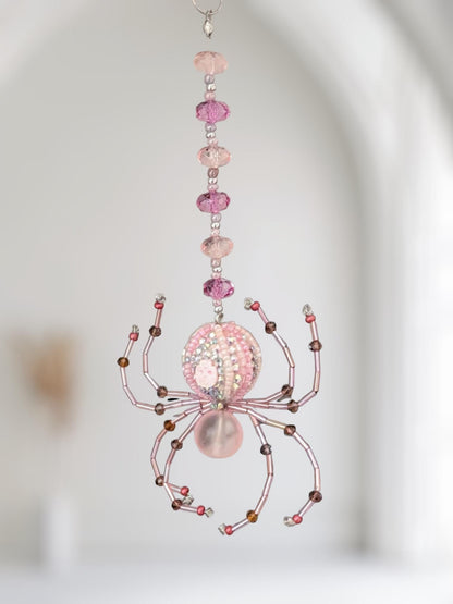 Handmade Beaded Spider Ornament, Pink Glass Beads, Halloween Decoration - Oh My Gothness