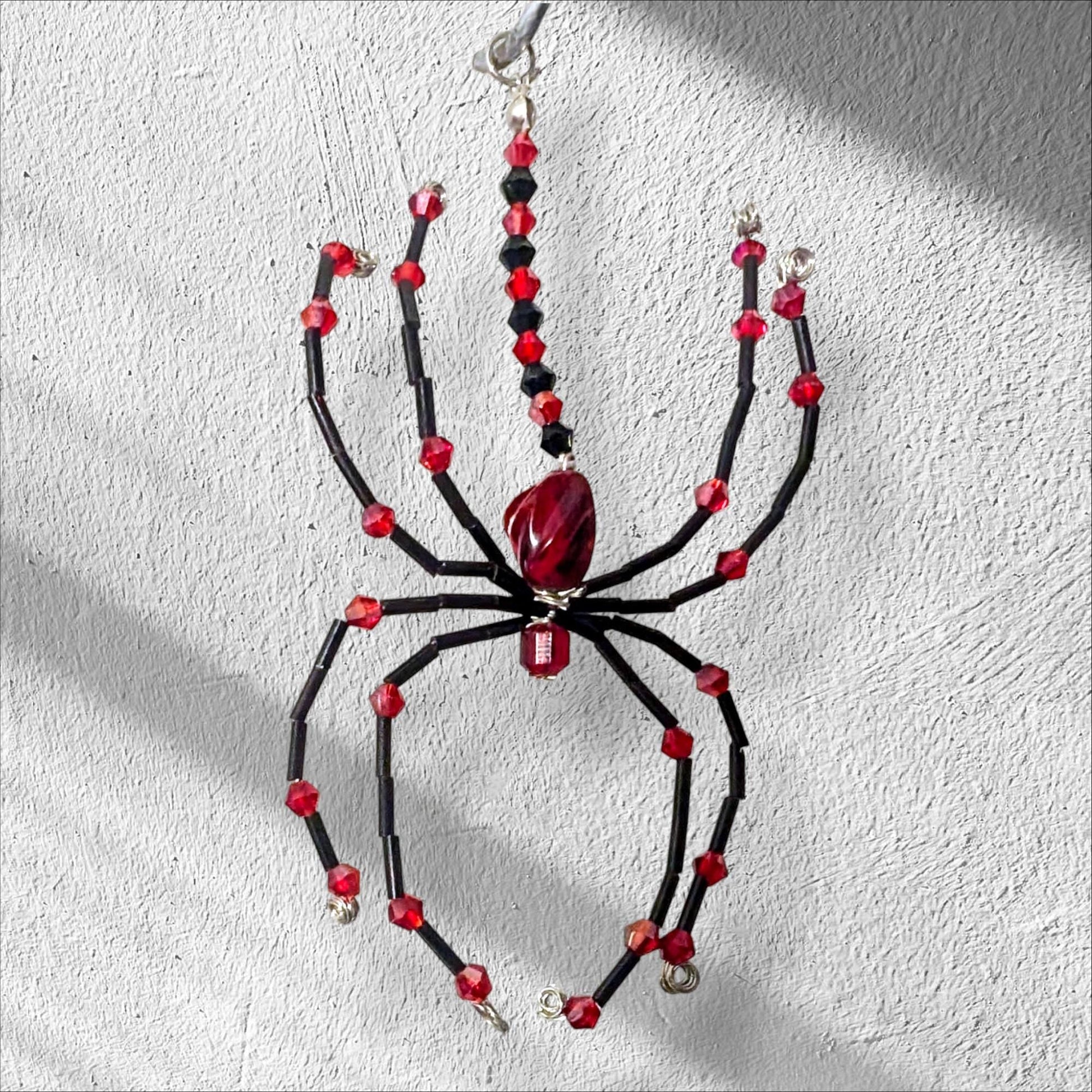 Handmade Beaded Spider Ornament: Red & Black Halloween Decoration - Oh My Gothness