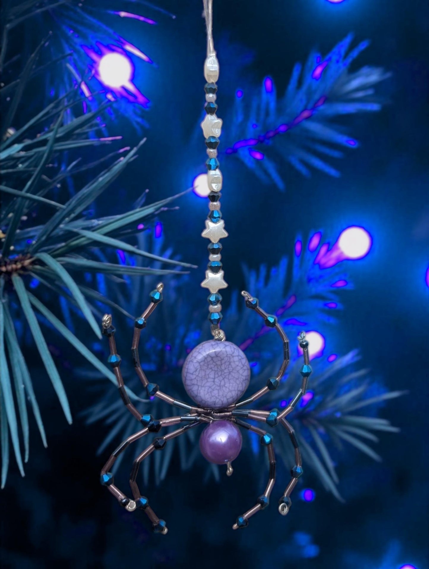 Handmade Beaded Wire Spider Ornament: Purple, Blue, Star Beads - Oh My Gothness