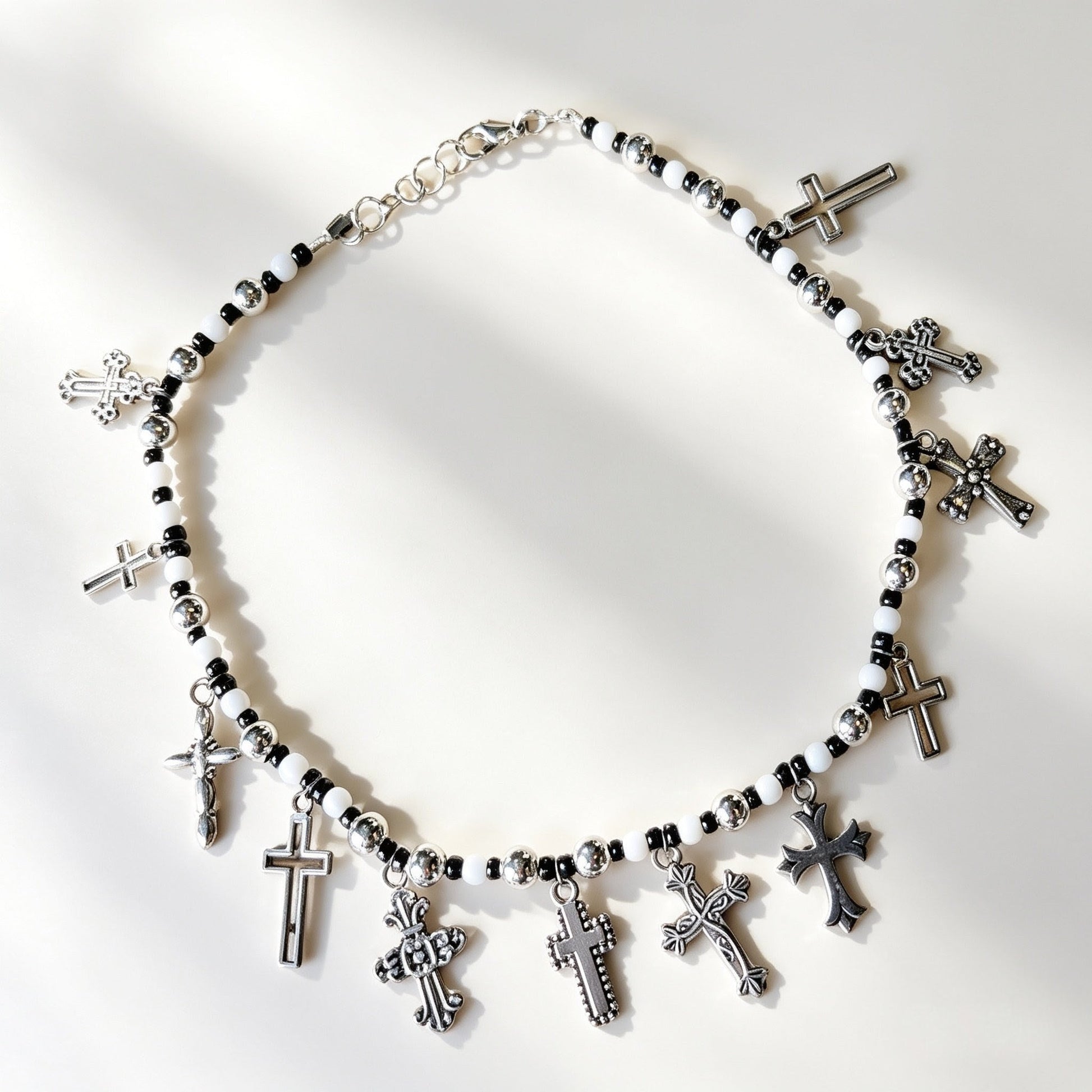 Handmade Black and White Beaded Choker With Tarnished Silver Metal Crosses - Boxed Gothic Unique Gift - Oh My Gothness