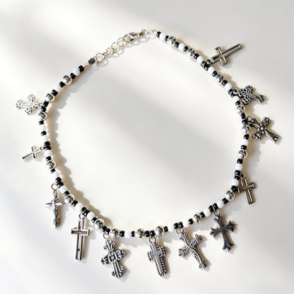 Handmade Black and White Beaded Choker With Tarnished Silver Metal Crosses - Boxed Gothic Unique Gift - Oh My Gothness