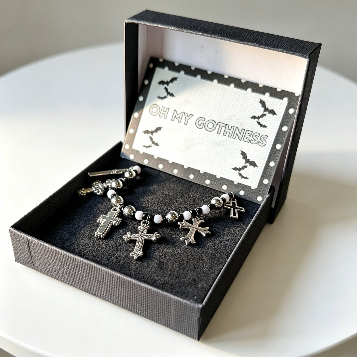 Handmade Black and White Beaded Choker With Tarnished Silver Metal Crosses - Boxed Gothic Unique Gift - Oh My Gothness