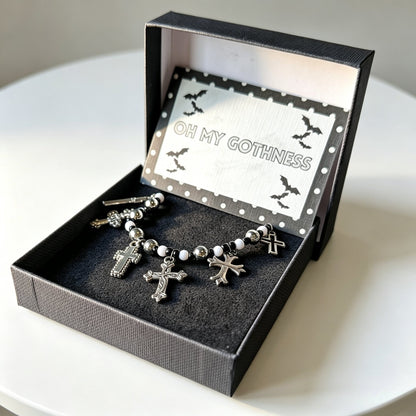Handmade Black and White Beaded Choker With Tarnished Silver Metal Crosses - Boxed Gothic Unique Gift - Oh My Gothness