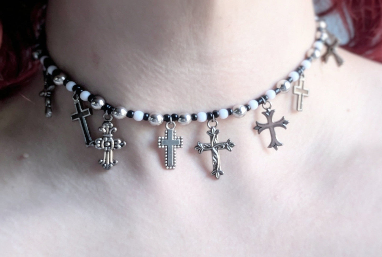 Handmade Black and White Beaded Choker With Tarnished Silver Metal Crosses - Boxed Gothic Unique Gift - Oh My Gothness