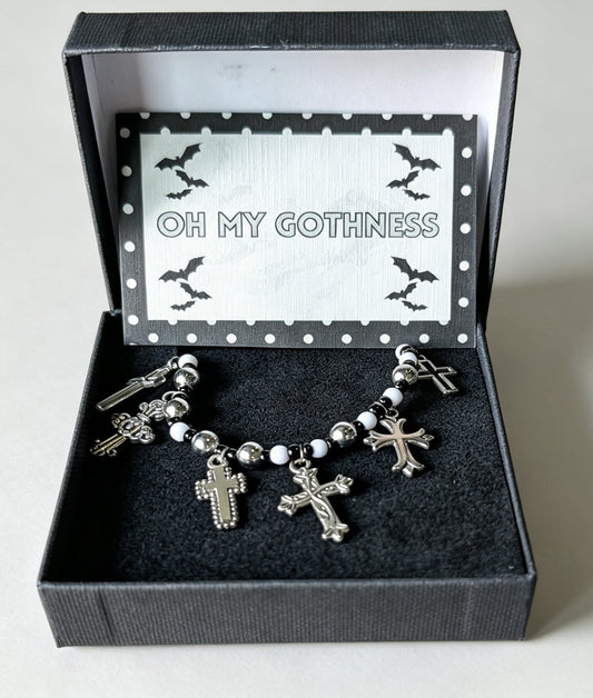 Handmade Black and White Beaded Choker With Tarnished Silver Metal Crosses - Boxed Gothic Unique Gift - Oh My Gothness