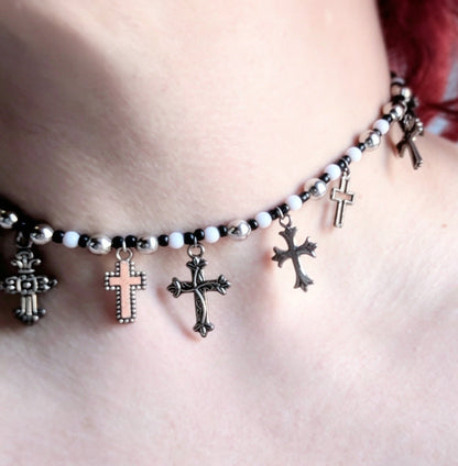 Handmade Black and White Beaded Choker With Tarnished Silver Metal Crosses - Boxed Gothic Unique Gift - Oh My Gothness