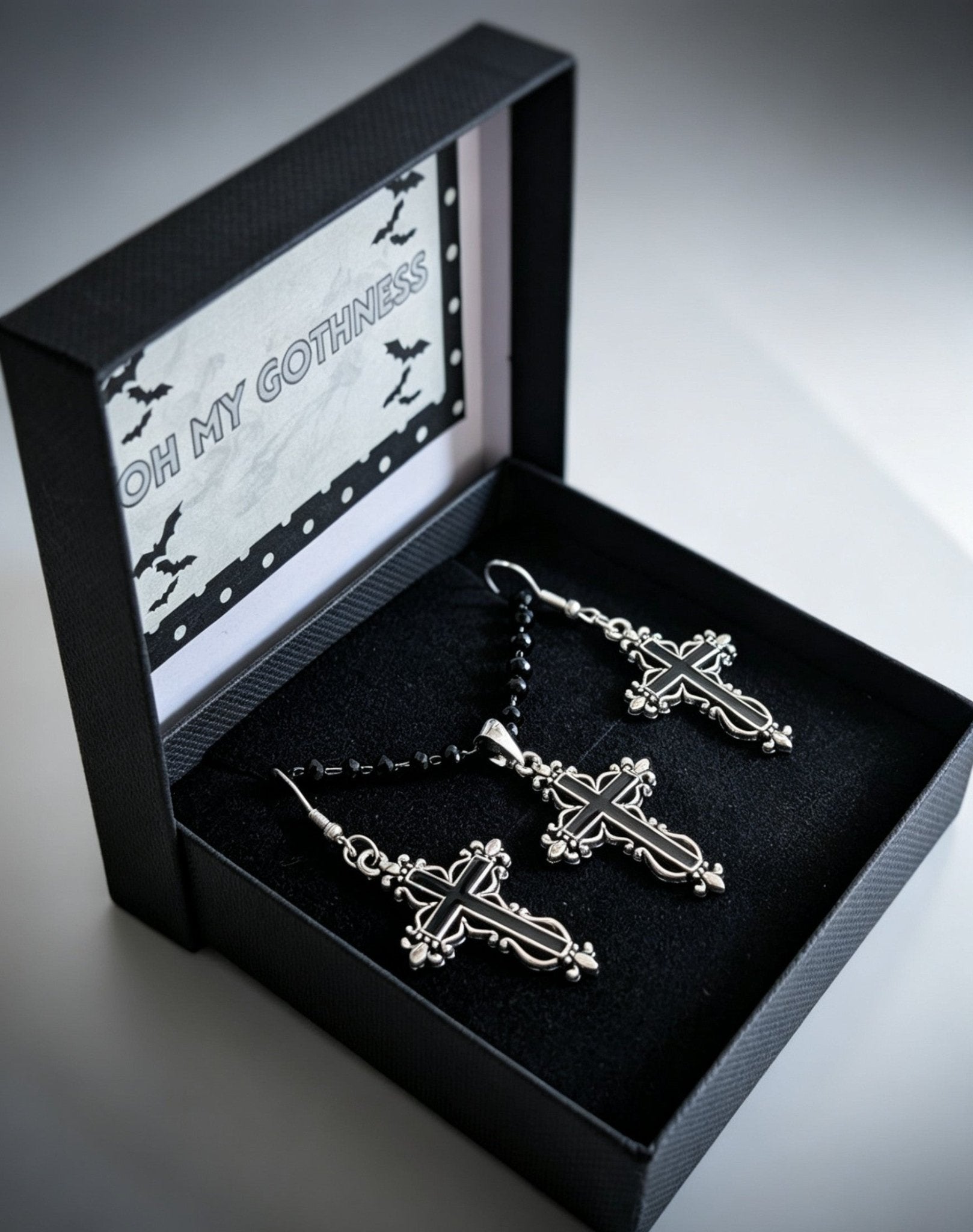 Handmade Black Austrian Crystal Ornate Cross Pendant Necklace and Drop Earrings Boxed Gothic Gift Set - Oh My Gothness