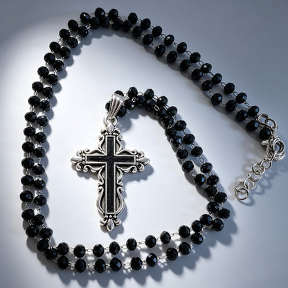 Handmade Black Austrian Crystal Ornate Cross Pendant Necklace and Drop Earrings Boxed Gothic Gift Set - Oh My Gothness