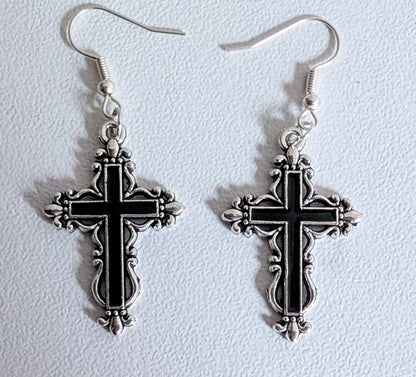 Handmade Black Austrian Crystal Ornate Cross Pendant Necklace and Drop Earrings Boxed Gothic Gift Set - Oh My Gothness