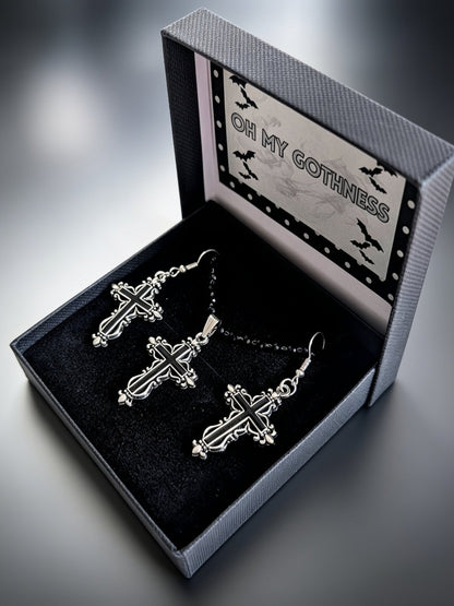 Handmade Black Austrian Crystal Ornate Cross Pendant Necklace and Drop Earrings Boxed Gothic Gift Set - Oh My Gothness