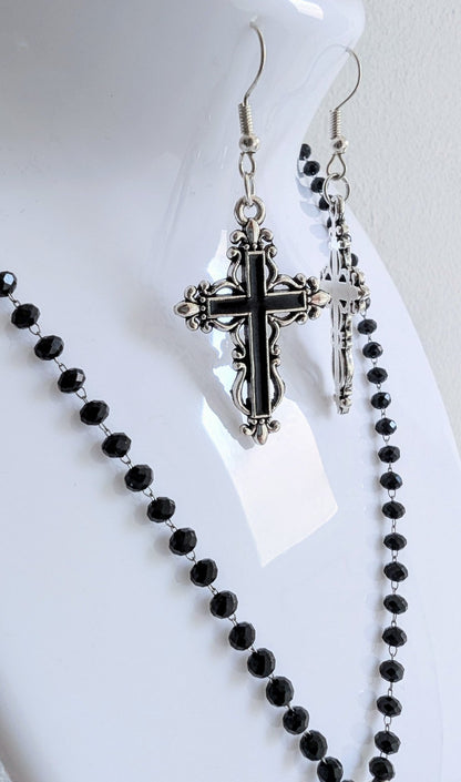 Handmade Black Austrian Crystal Ornate Cross Pendant Necklace and Drop Earrings Boxed Gothic Gift Set - Oh My Gothness